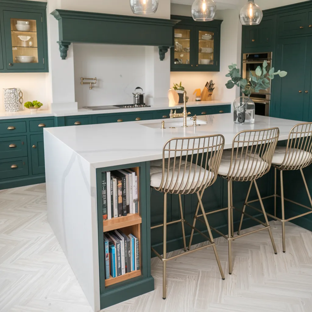 The Ultimate List of Kitchen Island Ideas That Actually Make Life Easier 12 Emerald Green Island with Waterfall Quartz and Built-In Bookshelf
