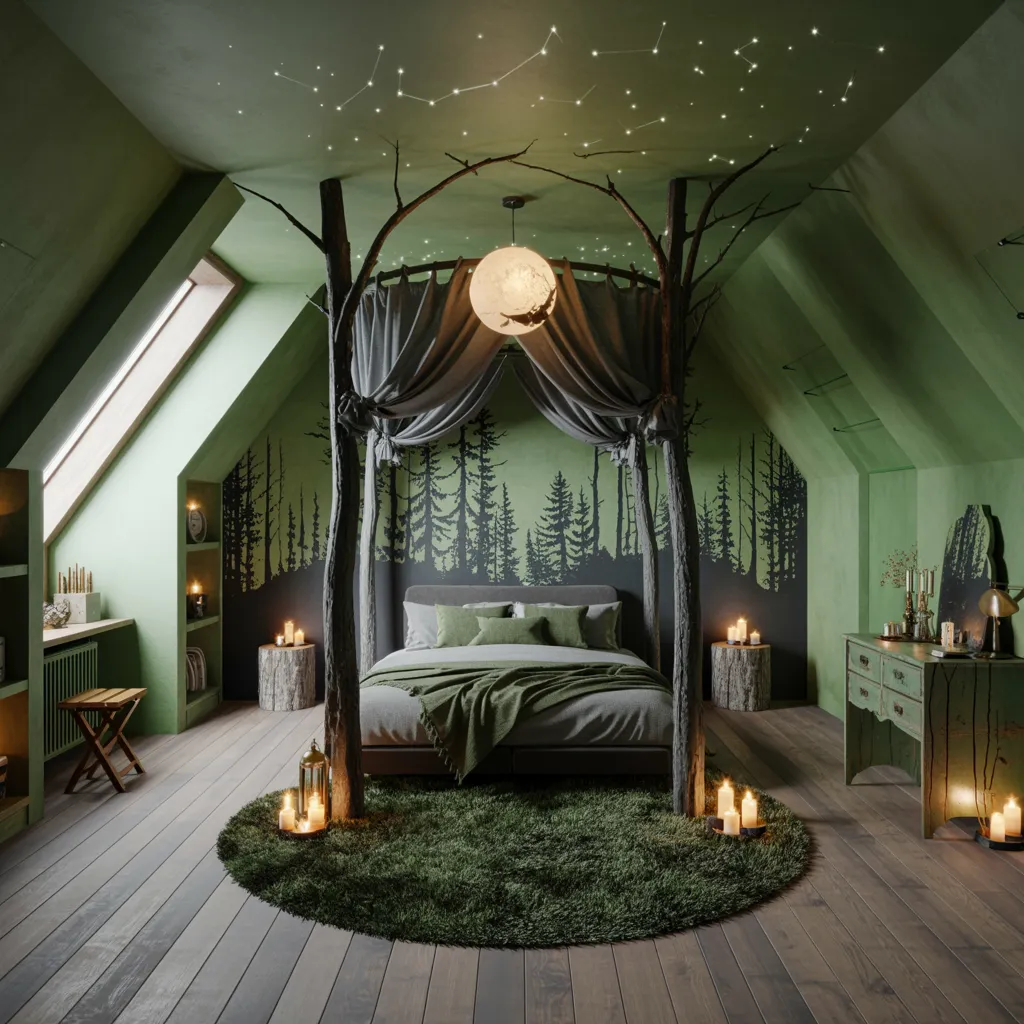 32+ Dark Nature Aesthetic Bedrooms That Feel Like a Peaceful Forest Retreat 12 Enchanted Night Forest Bedroom