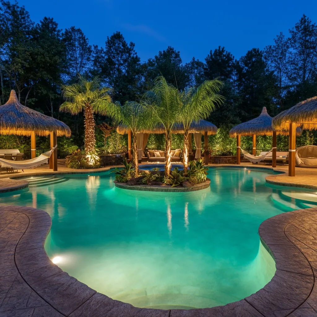 24+ Dreamy Pool Ideas That Blend Style, Comfort, and Luxury 17 Floating Island Pool with Swim-Up Cabanas