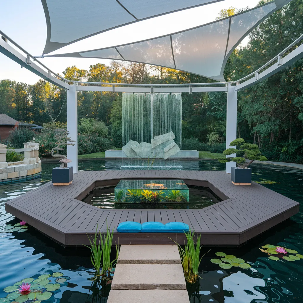 31+ Unique Patio Ideas That Will Make You Never Want to Go Inside 20 Floating Pavilion Patio with Glass Fire Pit and Waterfall