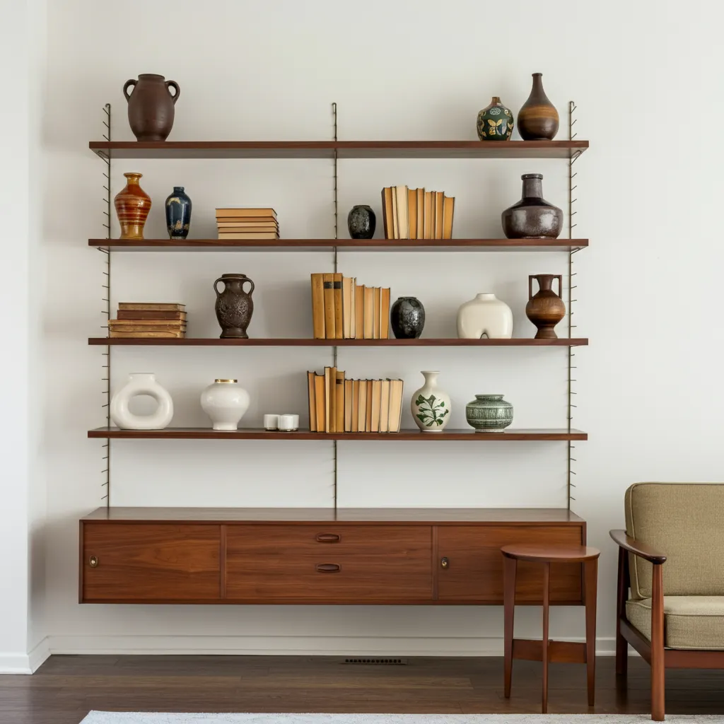 Steal These Designer-Approved Mid Century Modern Living Room Ideas 19 Floating Shelves with Vintage Finds