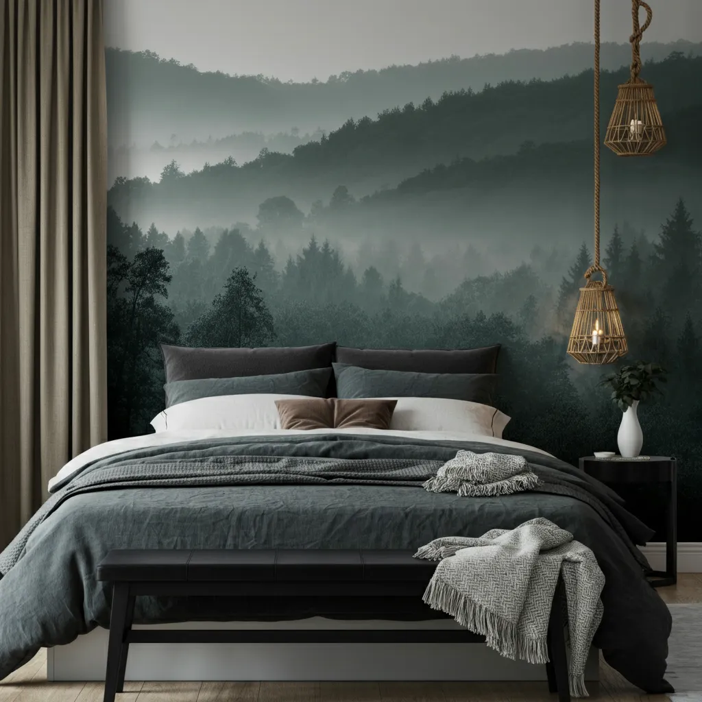32+ Dark Nature Aesthetic Bedrooms That Feel Like a Peaceful Forest Retreat 26 Foggy Morning Murals