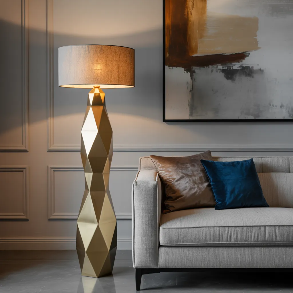 Living Room Lamp Ideas That Instantly Make a Room Look Expensive 37 Geometric Gold Floor Lamp