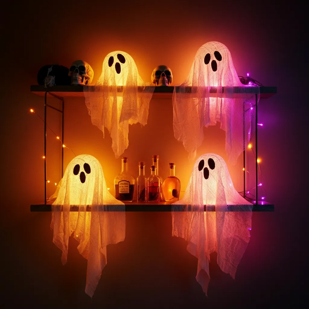 25+ Spooky-Chic Halloween Kitchen Decor Ideas You’ll Wish You Tried Sooner 24 Glowing Ghost Shelf