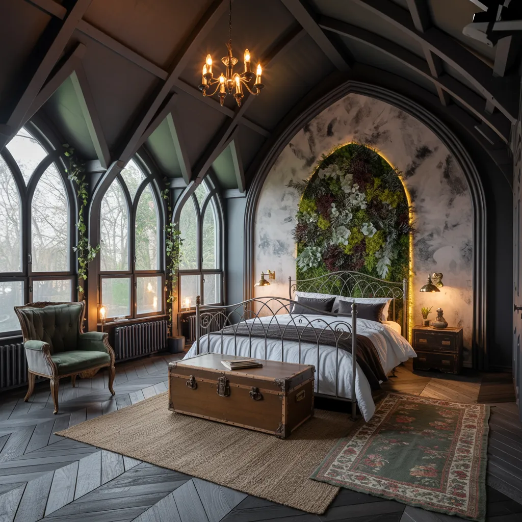 32+ Dark Nature Aesthetic Bedrooms That Feel Like a Peaceful Forest Retreat 13 Gothic Greenhouse Botanical Bedroom