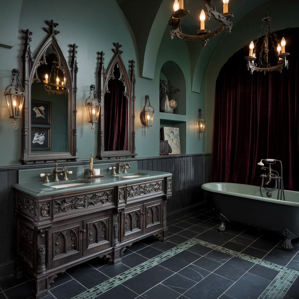 The Ultimate Guide to Sage Green Bathrooms That Feel Like Retreats 4 Gothic Revival Sage Green Bathroom with Dramatic Elegance