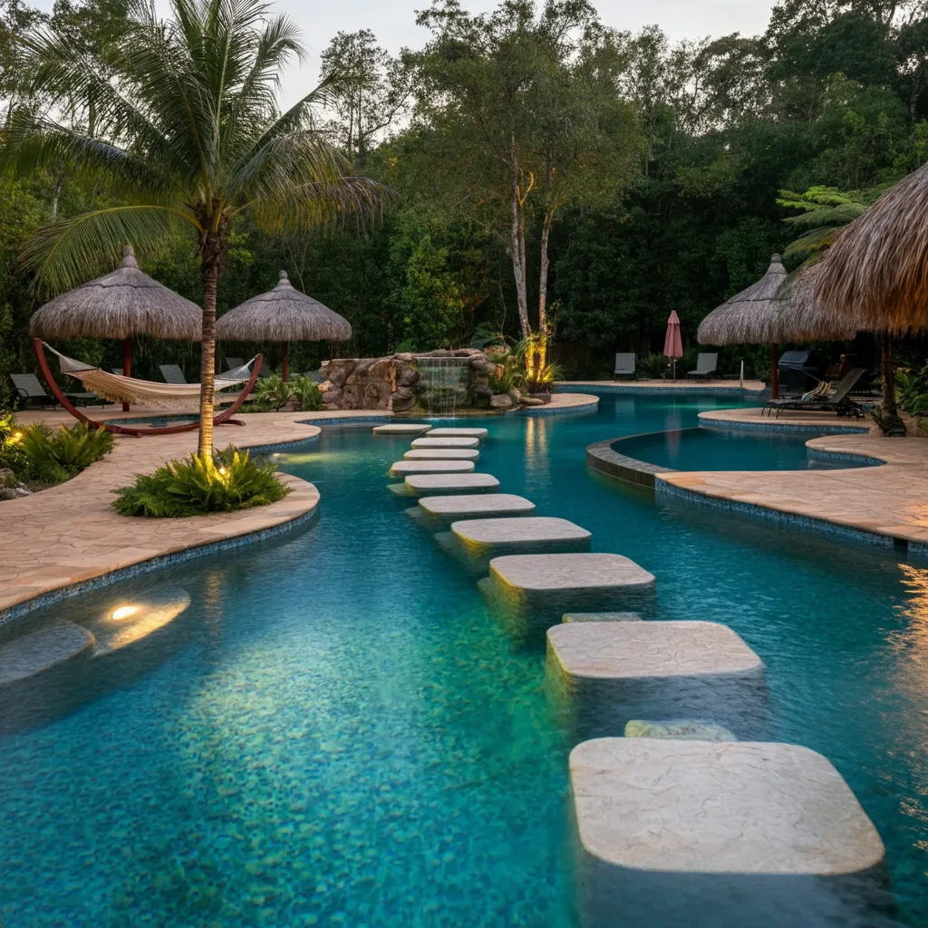 24+ Dreamy Pool Ideas That Blend Style, Comfort, and Luxury 15 Infinity River Pool with Floating Pathway