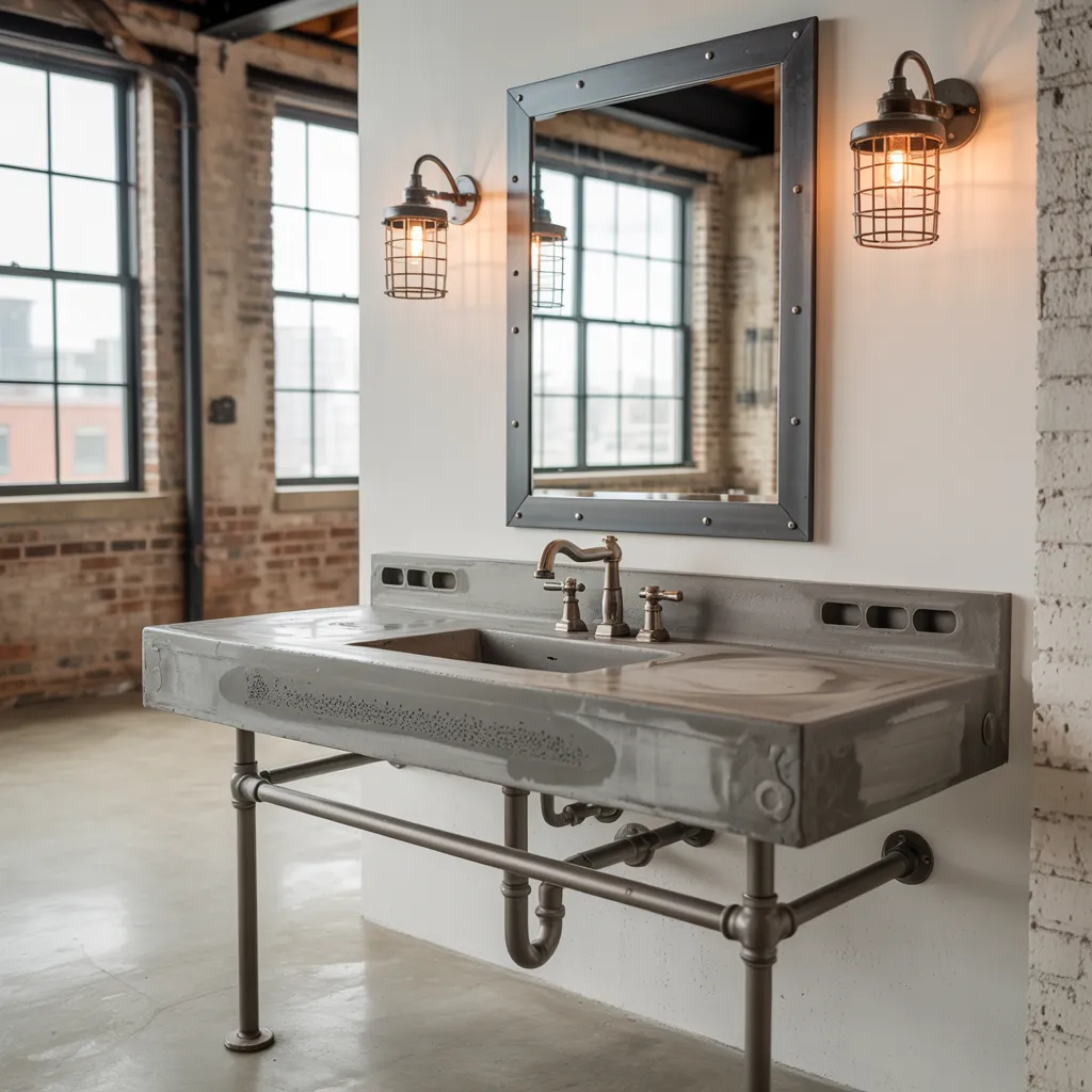 24 Bathroom Vanity Ideas So Beautiful, You’ll Want to Remodel Today 13 Ironworks – Industrial Concrete Sink with Exposed Plumbing
