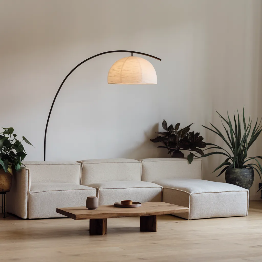 Living Room Lamp Ideas That Instantly Make a Room Look Expensive 53 Japandi Arc Floor Lamp with Paper Shade