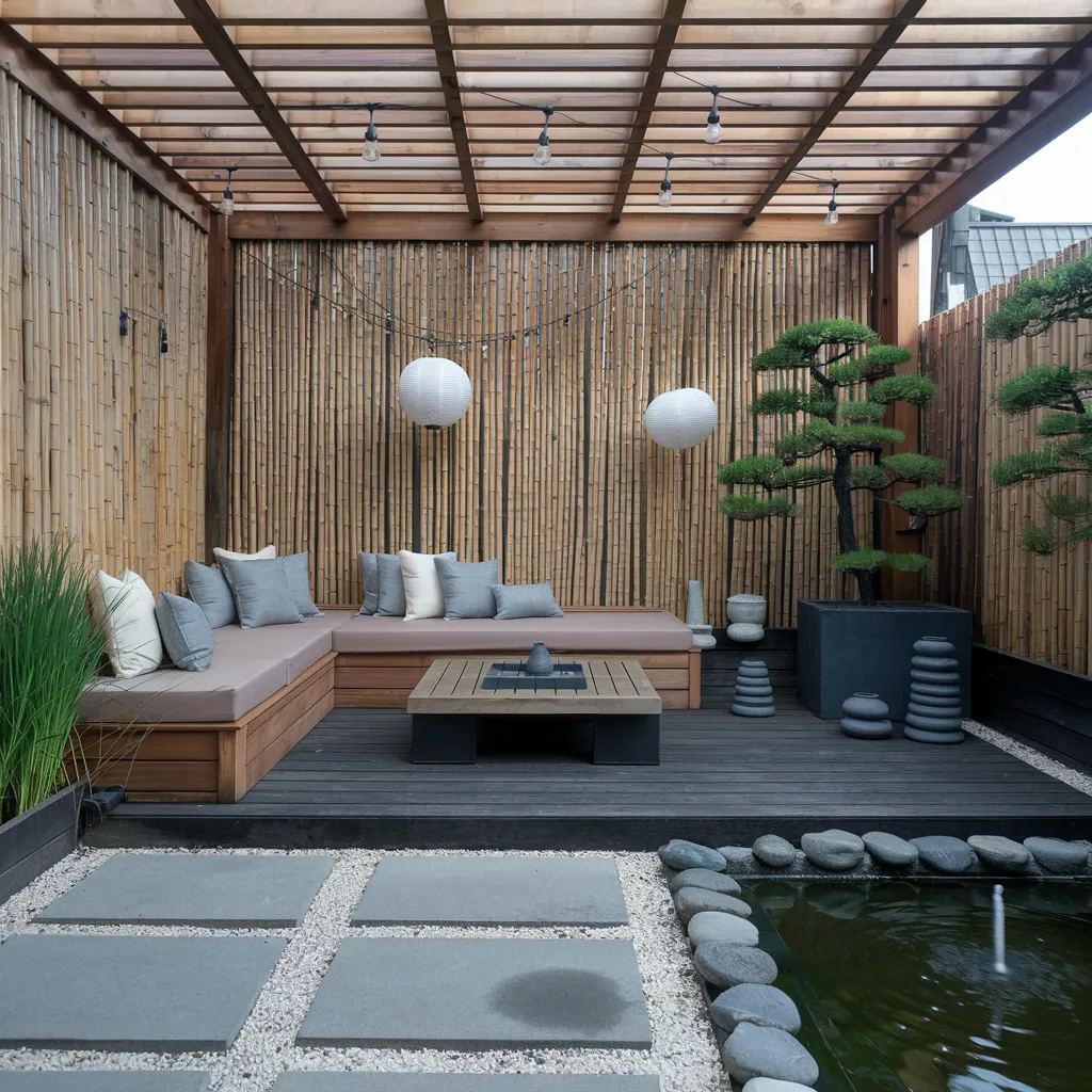 31+ Unique Patio Ideas That Will Make You Never Want to Go Inside 22 Japandi Patio with Zen Water Feature and Bamboo Walls