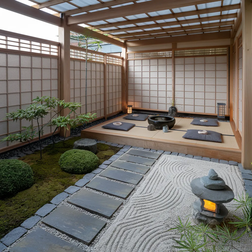 31+ Unique Patio Ideas That Will Make You Never Want to Go Inside 23 Japanese Zen Patio with Gravel Garden and Tatami Seating