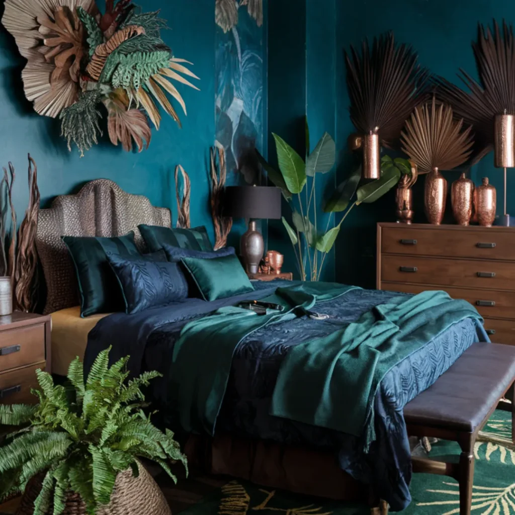 32+ Dark Nature Aesthetic Bedrooms That Feel Like a Peaceful Forest Retreat 9 Jungle Nocturne Retreat