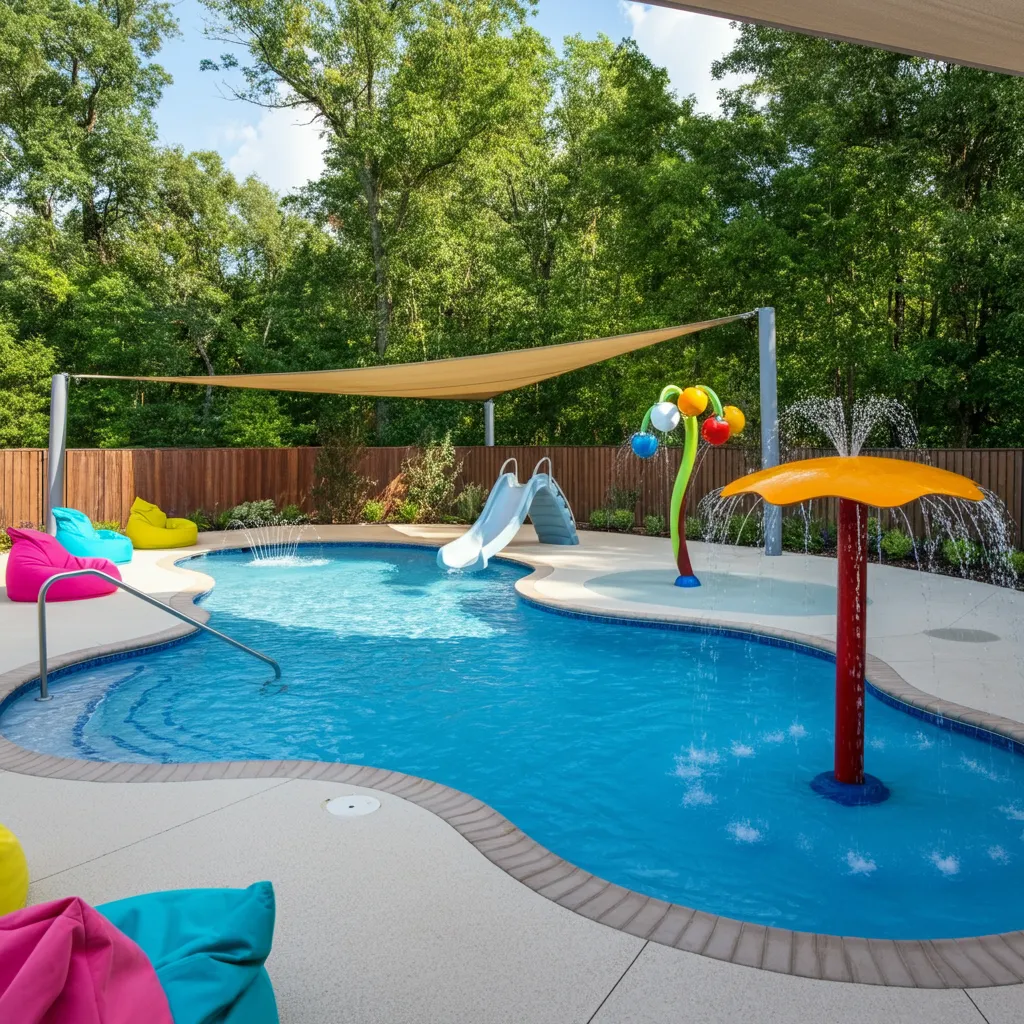24+ Dreamy Pool Ideas That Blend Style, Comfort, and Luxury 26 Kid-Friendly Pool with Splash Zone