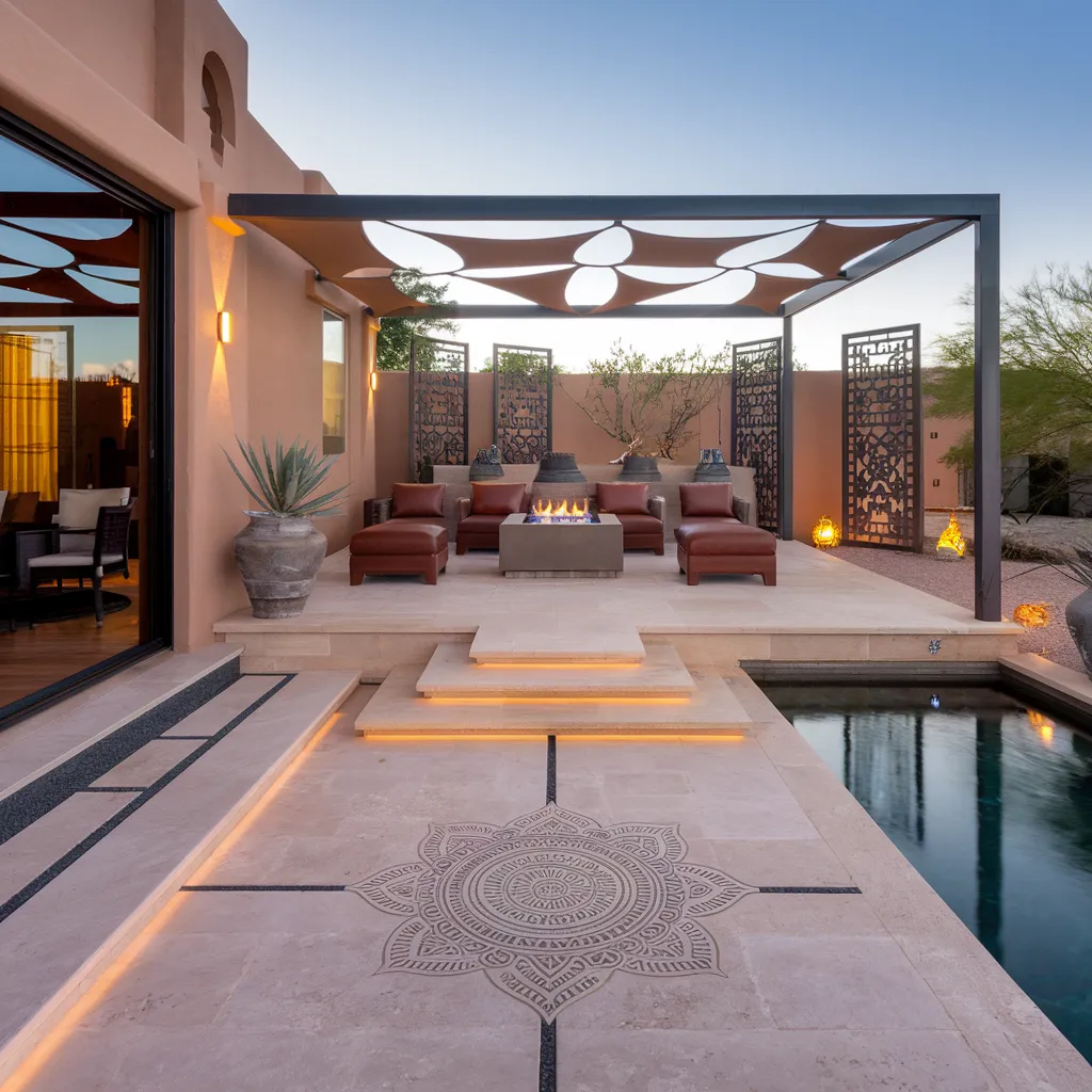 31+ Unique Patio Ideas That Will Make You Never Want to Go Inside 24 Luxury Desert Patio with Fire Lounge and Mandala Flooring