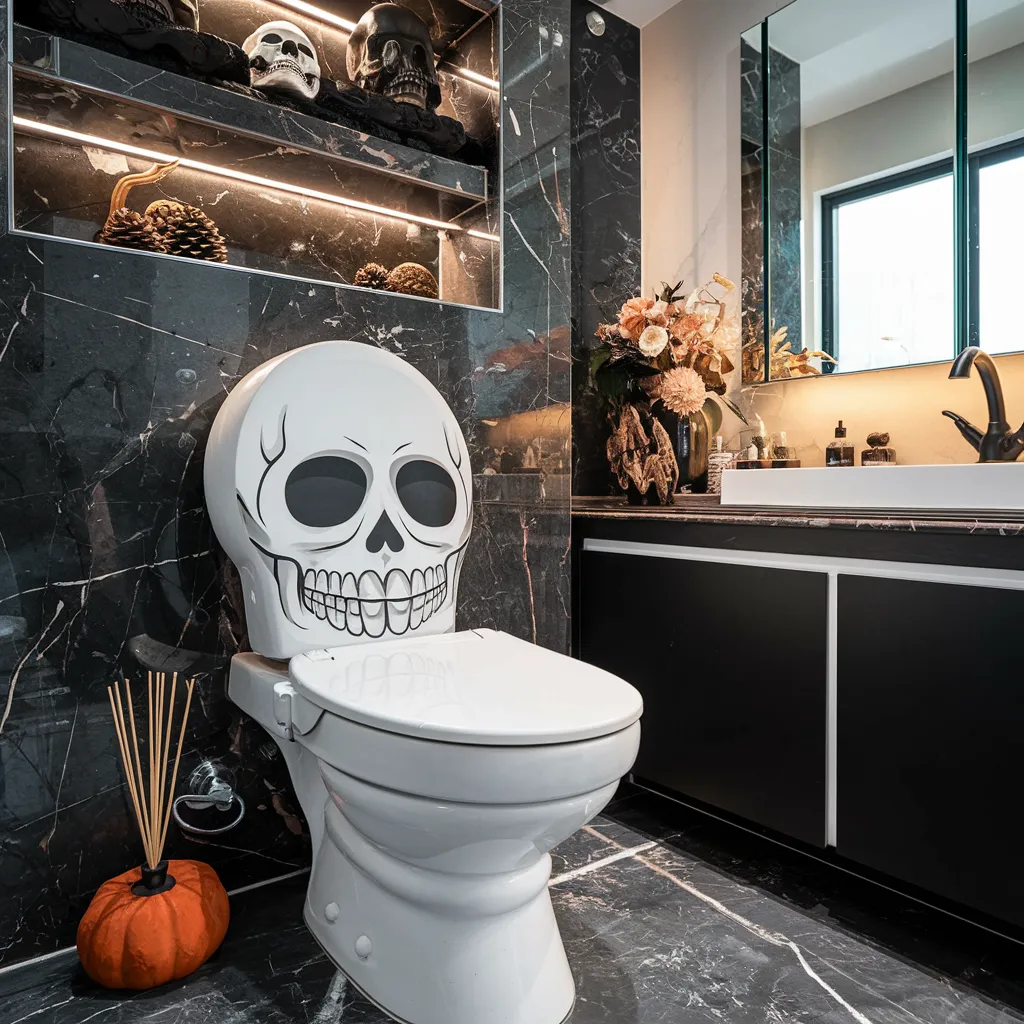 Halloween Bathroom Makeovers You’ll Want to Copy Before October 31st 3 Marble Skull Throne Bathroom