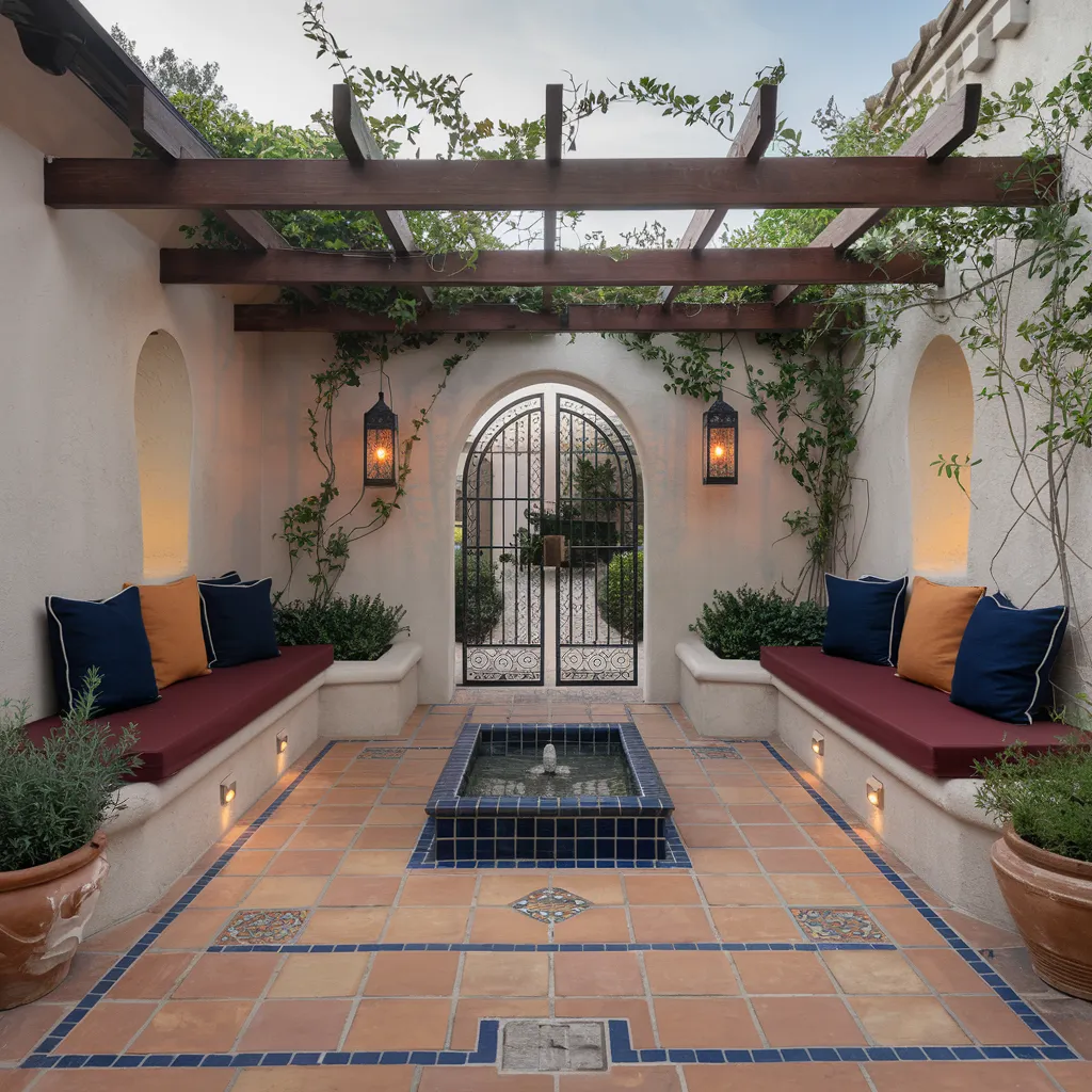 31+ Unique Patio Ideas That Will Make You Never Want to Go Inside 25 Mediterranean Courtyard Patio with Fountain and Tile Accents