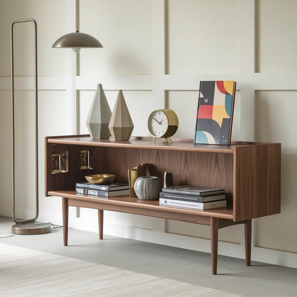 The Ultimate Guide to Shelf Decor Ideas for Small and Large Spaces 27 Mid-Century Modern Console Shelf