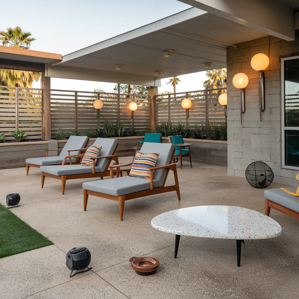 31+ Unique Patio Ideas That Will Make You Never Want to Go Inside 26 Mid-Century Modern Lounge Patio with Retro Lighting