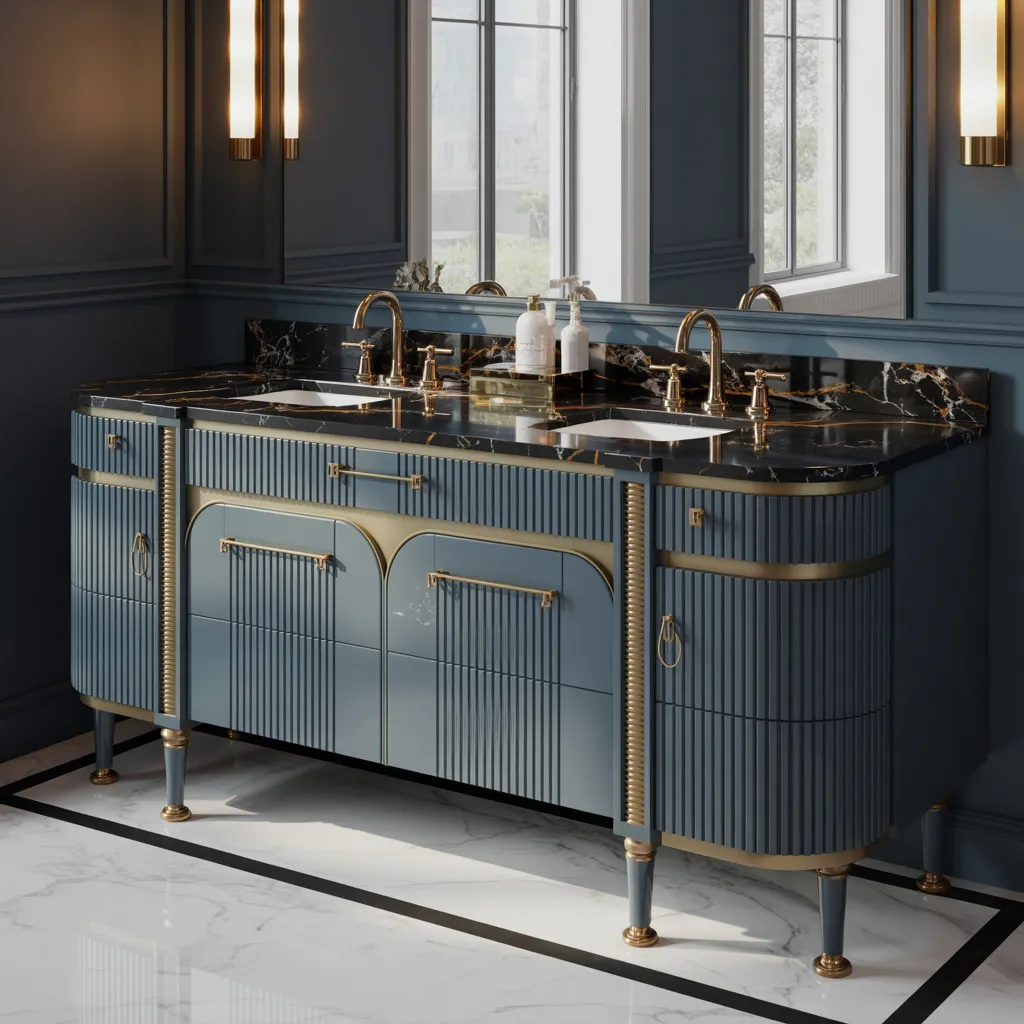 24 Bathroom Vanity Ideas So Beautiful, You’ll Want to Remodel Today 3 Midnight Royal – Fluted Double Sink Vanity with Brass and Marble Accents