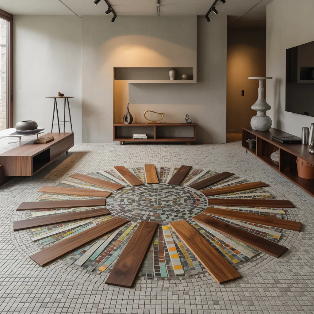 These Genius Flooring Ideas Will Make Your Rooms Look 10x Better 29 Mixed-Media Mosaic Floor with Wood and Glass Inlays