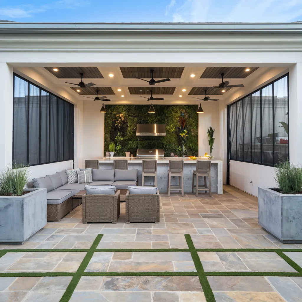 31+ Unique Patio Ideas That Will Make You Never Want to Go Inside 17 Modern Covered Patio with Outdoor Kitchen and Green Wall