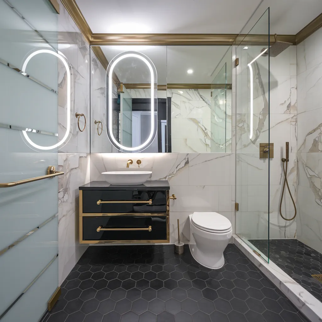 These Small Bathroom Ideas Are So Genius, You’ll Want to Remodel Tonight 16 Modern Glam Marble Bathroom