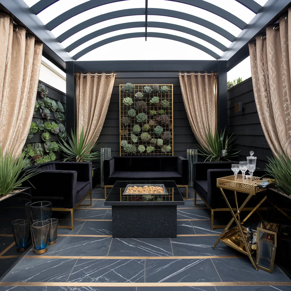 31+ Unique Patio Ideas That Will Make You Never Want to Go Inside 27 Modern Glam Patio with Velvet Seating and Gold Accents