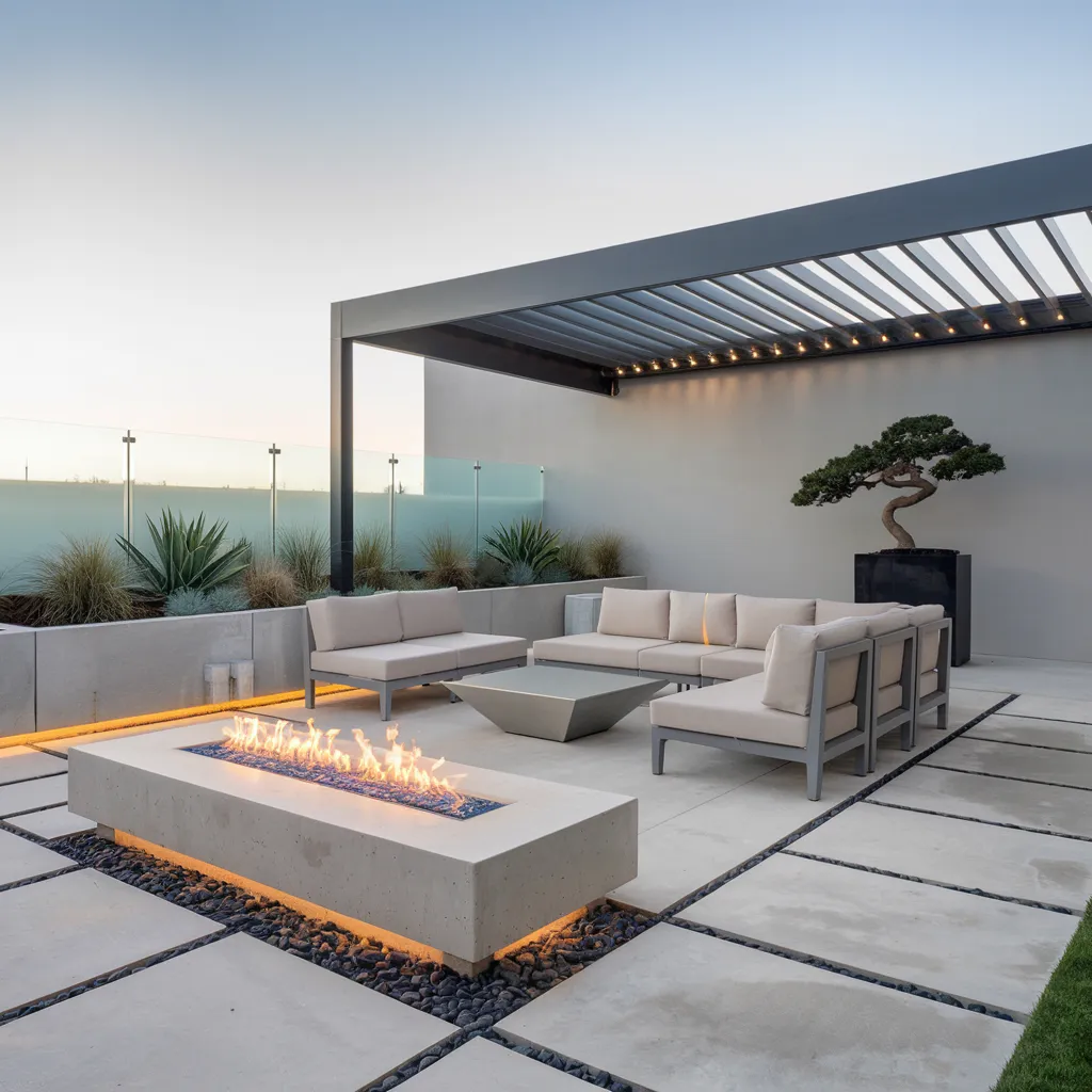 31+ Unique Patio Ideas That Will Make You Never Want to Go Inside 28 Modern Minimalist Patio with Linear Fire Pit and Louvered Pergola