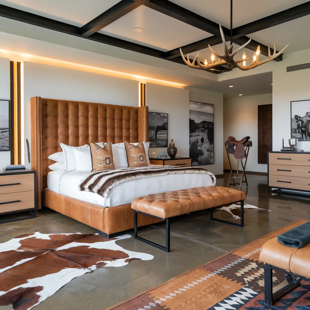 20+ Cozy Western Bedroom Styles That Never Go Out of Trend 19 Modern Western Master Bedroom with Rustic Luxury