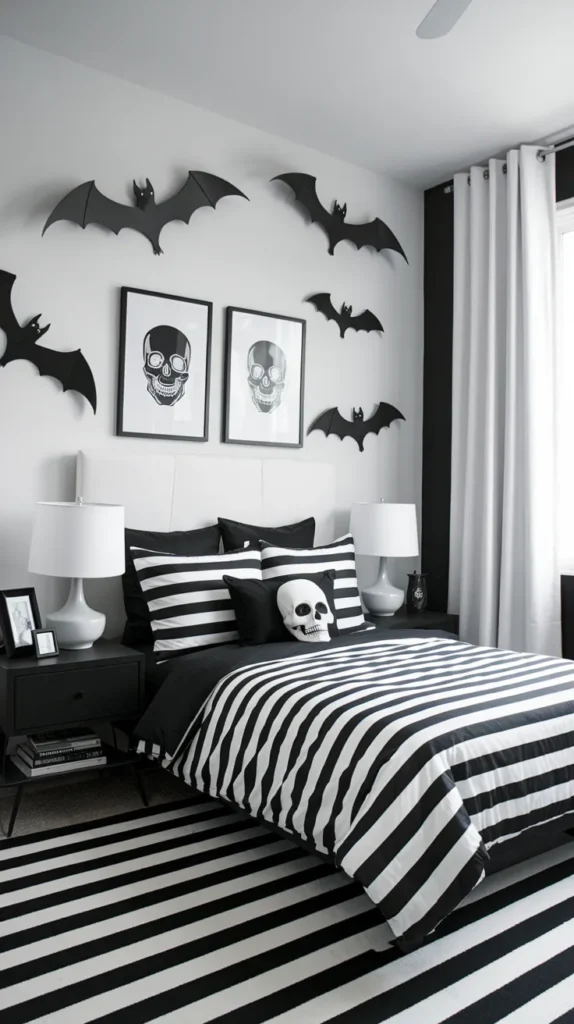 Spooky & Stylish: Halloween Bedroom Ideas You’ll Love 7 Monochrome Skull & Bat Halloween Bedroom