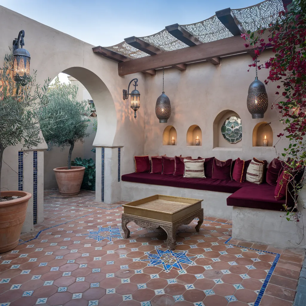 31+ Unique Patio Ideas That Will Make You Never Want to Go Inside 29 Moroccan Lounge Patio with Carved Details and Rich Hues