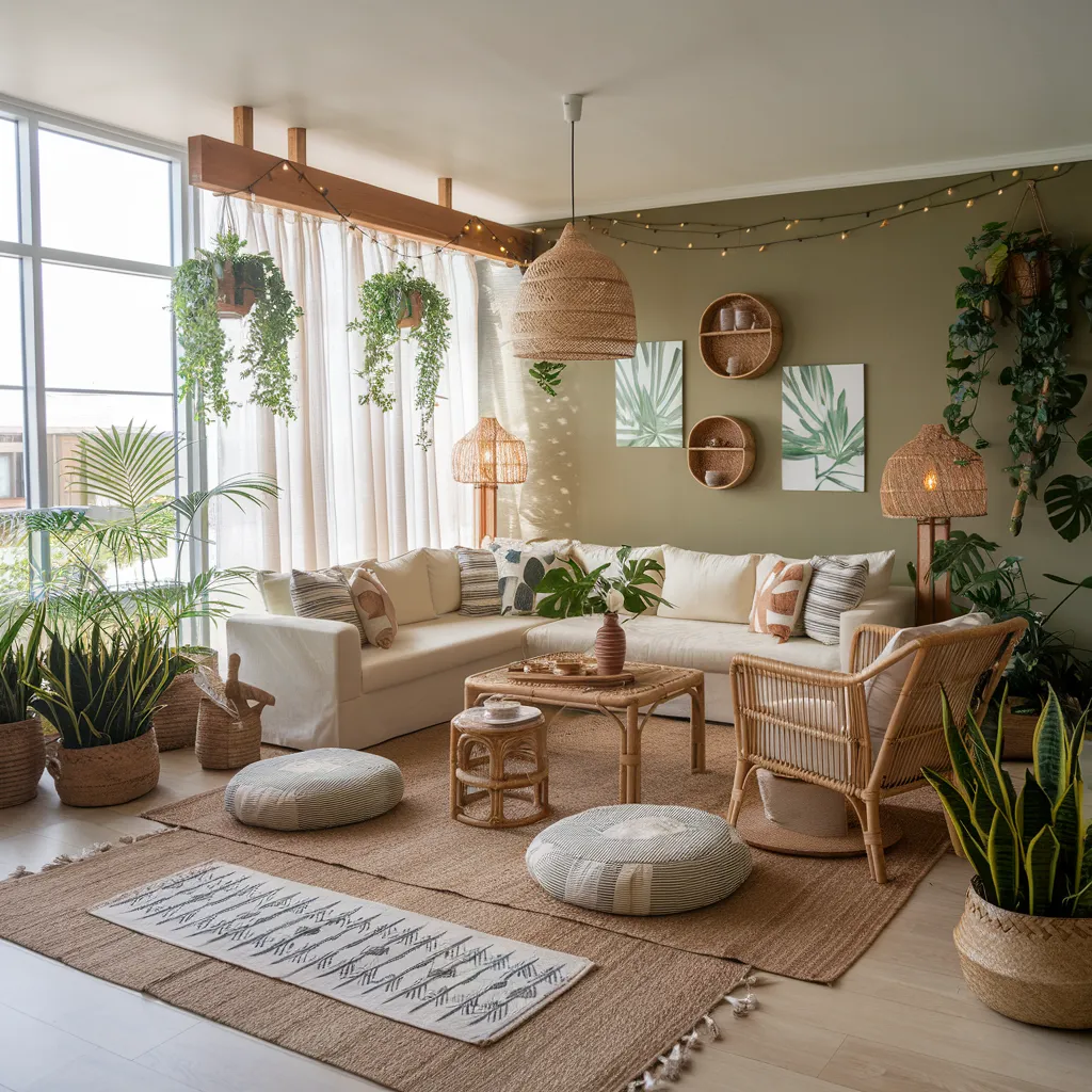 Cozy Yet Stylish: Boho Living Room Ideas That Feel Like a Dream 16 Natural Boho Living Room with Green Accents and Cozy Textures