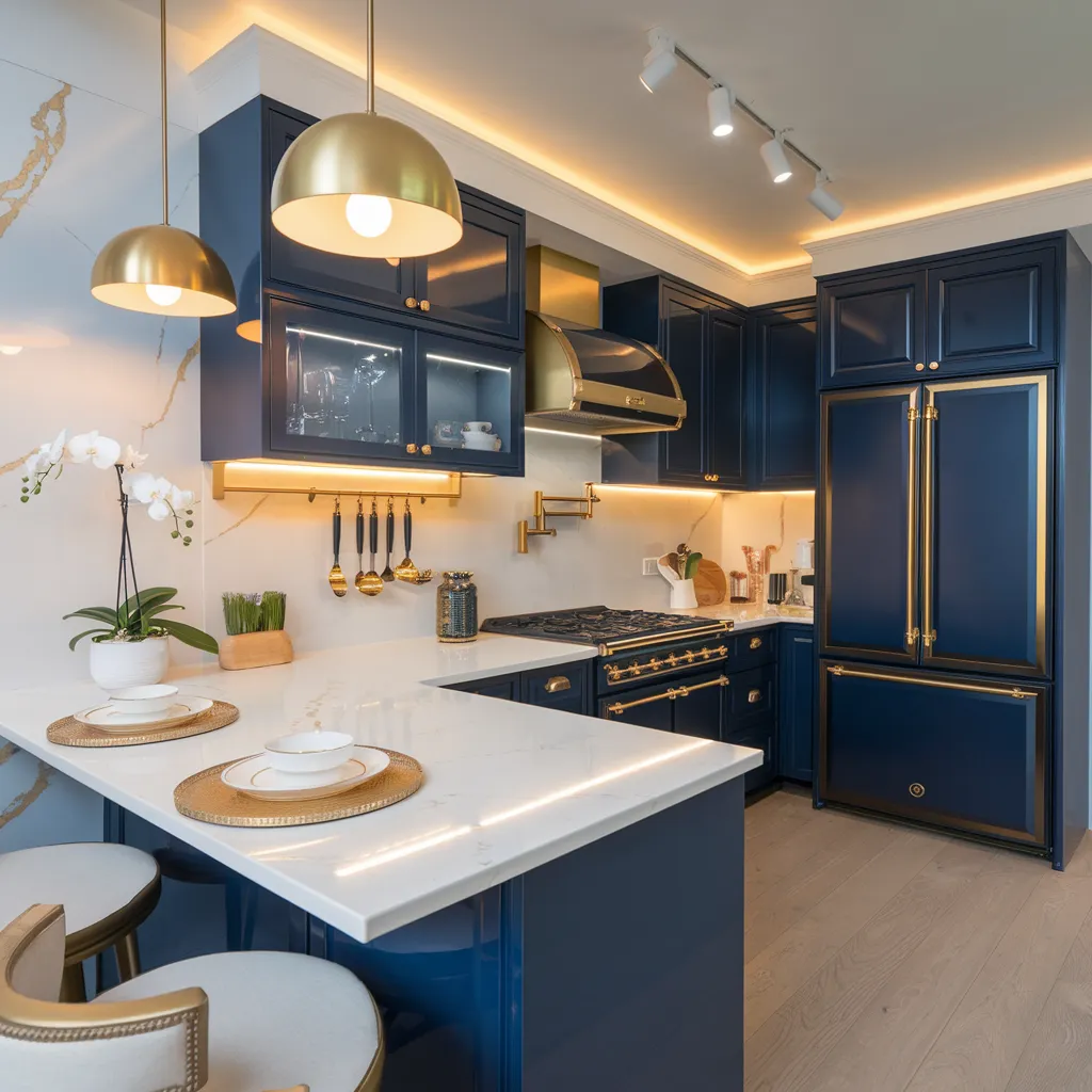 34 Small Kitchen Ideas That Make Tiny Spaces Look Huge 6 Navy Elegance Small Kitchen