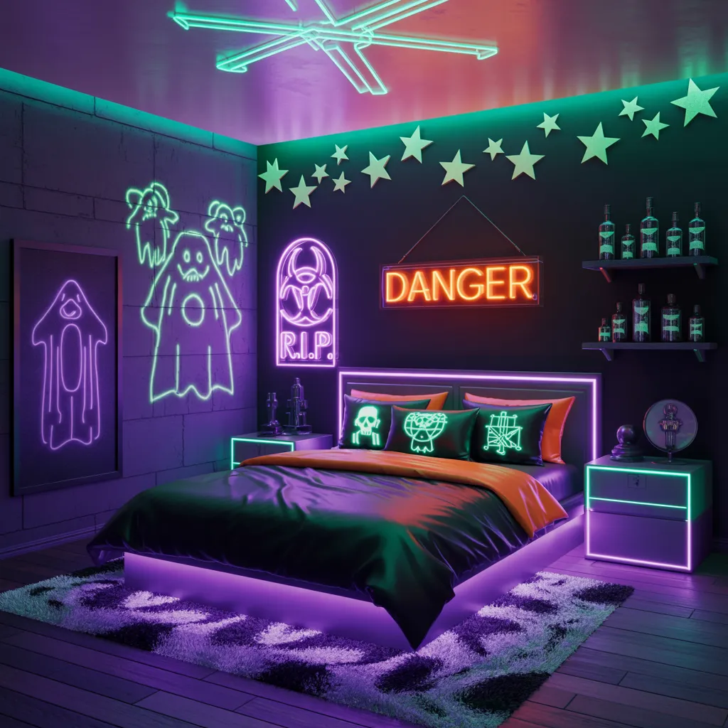 Spooky & Stylish: Halloween Bedroom Ideas You’ll Love 15 Neon Cyberpunk Halloween Bedroom