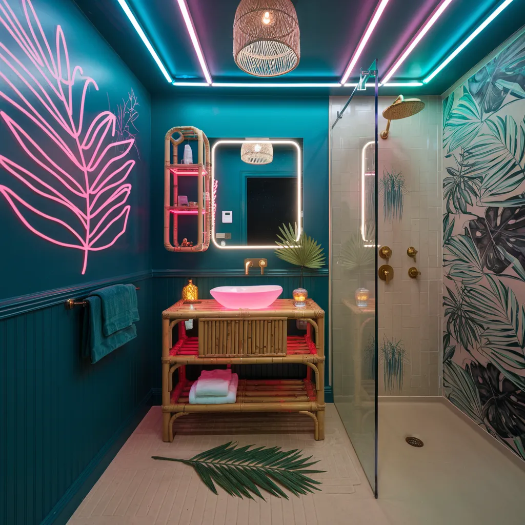 20 Small Funky Bathroom Ideas That Will Make You Rethink Your Space 13 Neon Tropics Bathroom