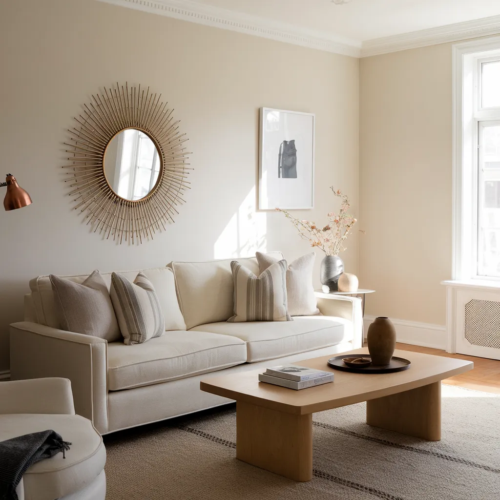 Apartment Living Room Ideas So Stunning You’ll Wish You Tried Them Sooner 9 Neutral Apartment Living Room with Sunburst Mirror