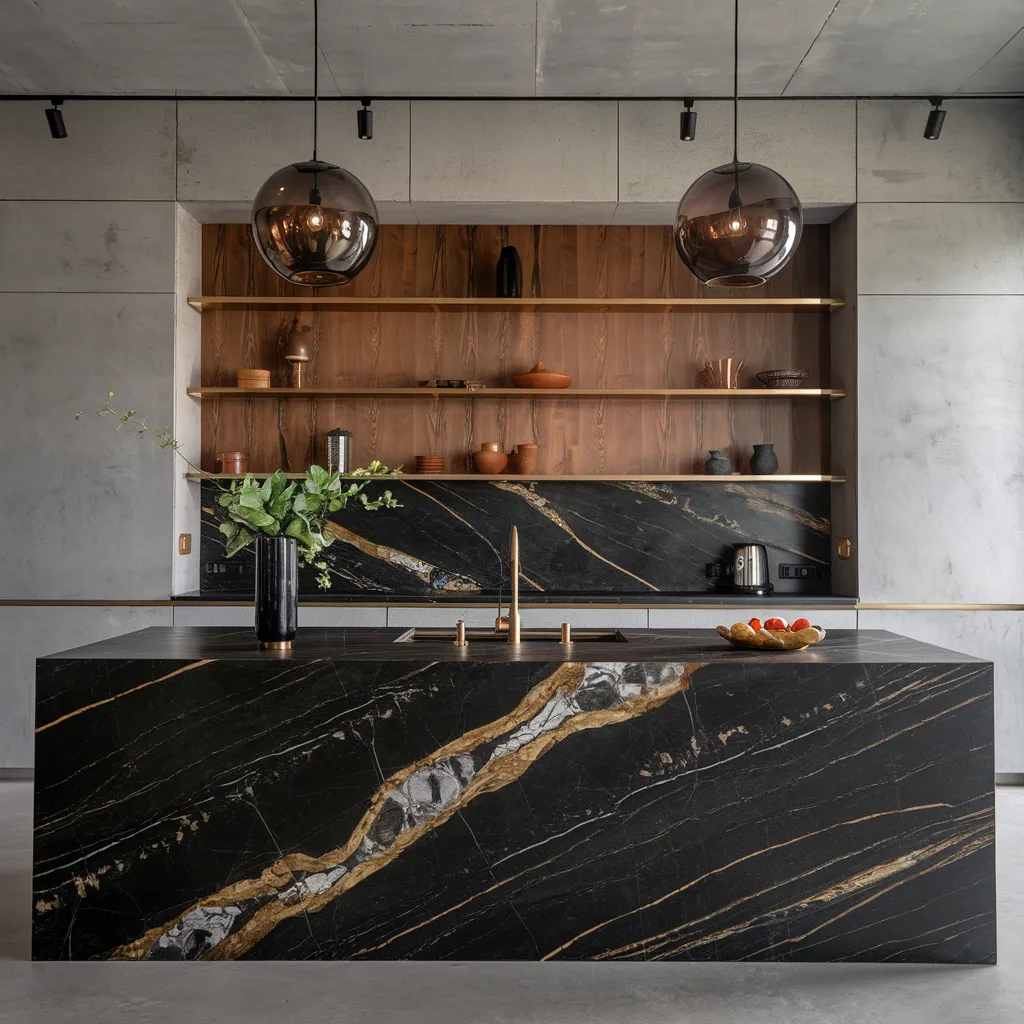 Obsidian Luxe – Kitchen with Bold Marble Statement