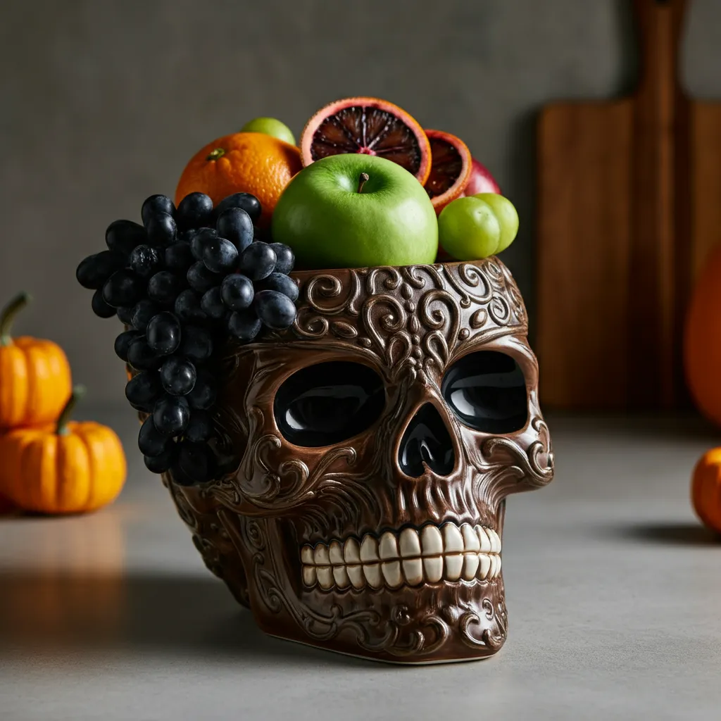 25+ Spooky-Chic Halloween Kitchen Decor Ideas You’ll Wish You Tried Sooner 27 Ornate Skull Fruit Bowl