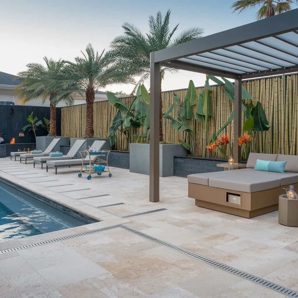 31+ Unique Patio Ideas That Will Make You Never Want to Go Inside 35 Poolside Resort Patio with Modern Cabana and Palm Ambience