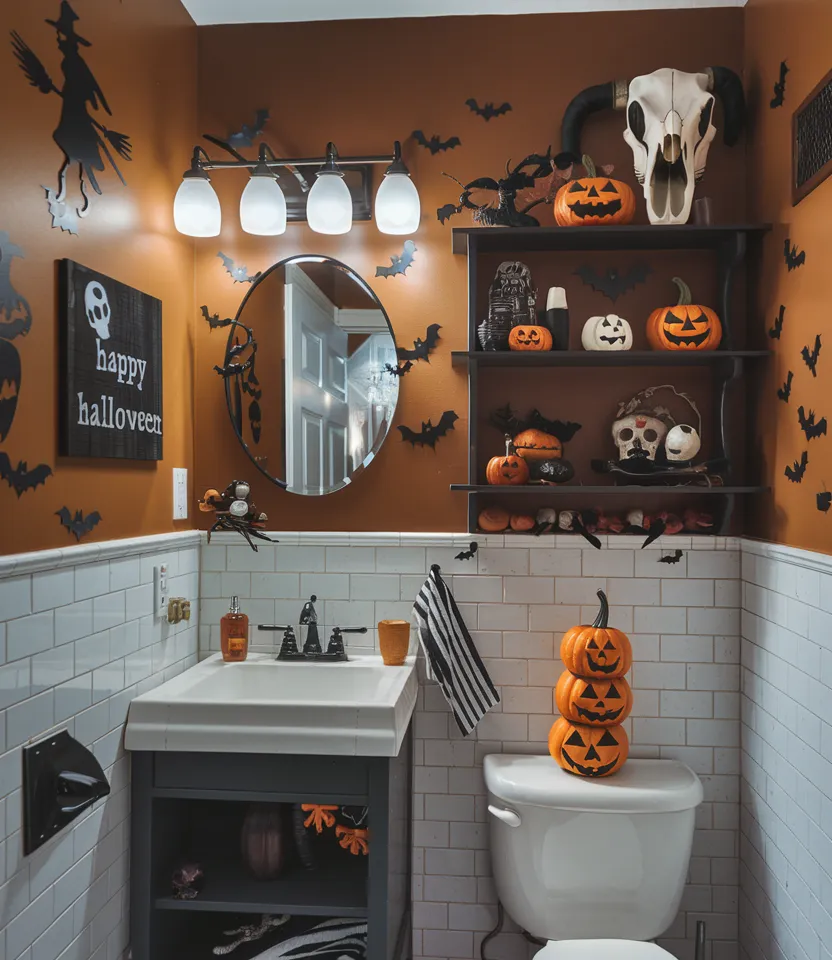 Halloween Bathroom Makeovers You’ll Want to Copy Before October 31st 15 Pumpkin & Bat Bathroom