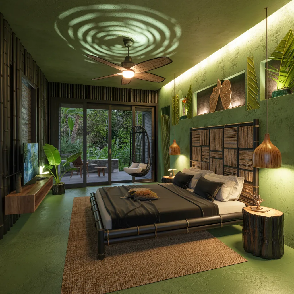 32+ Dark Nature Aesthetic Bedrooms That Feel Like a Peaceful Forest Retreat 14 Rainforest After Dark – Tropical Bedroom with Jungle Views