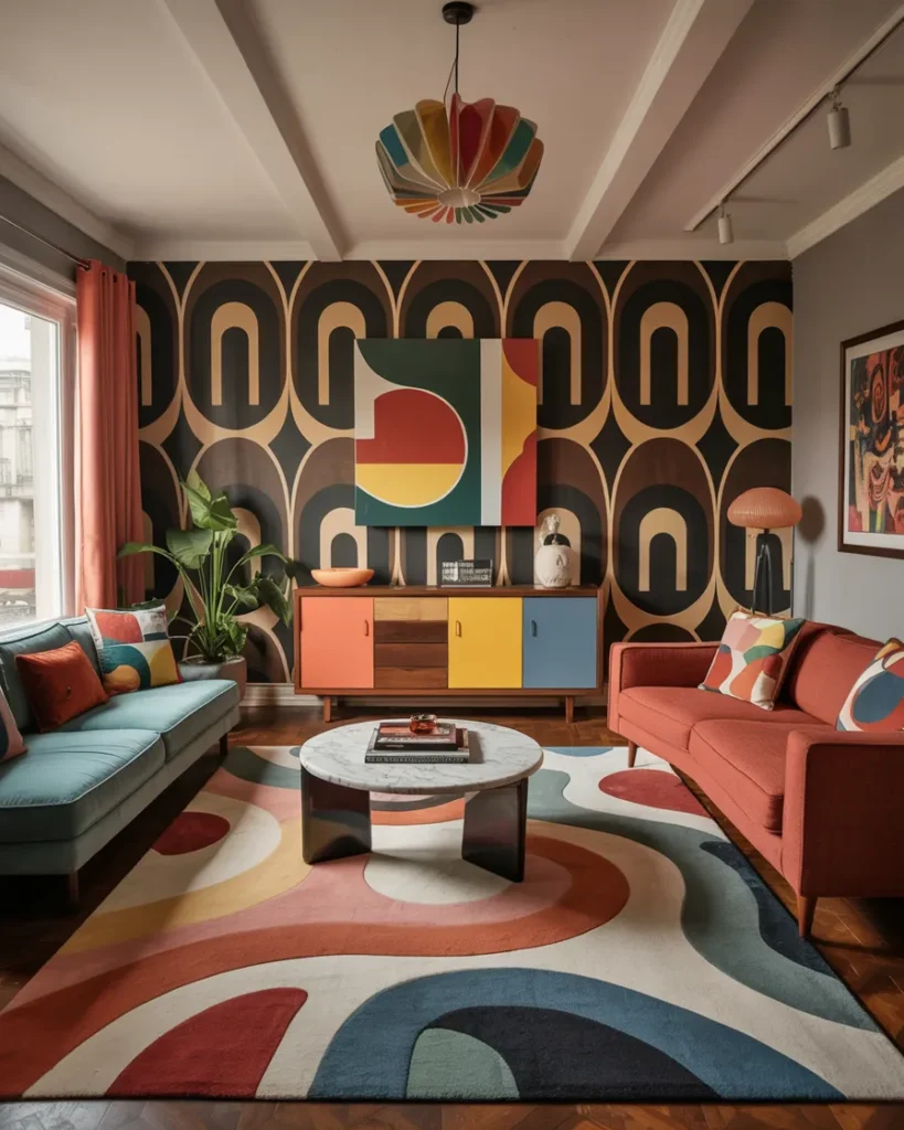 Steal These Designer-Approved Mid Century Modern Living Room Ideas 3 Retro Pop Mid-Century Living Room