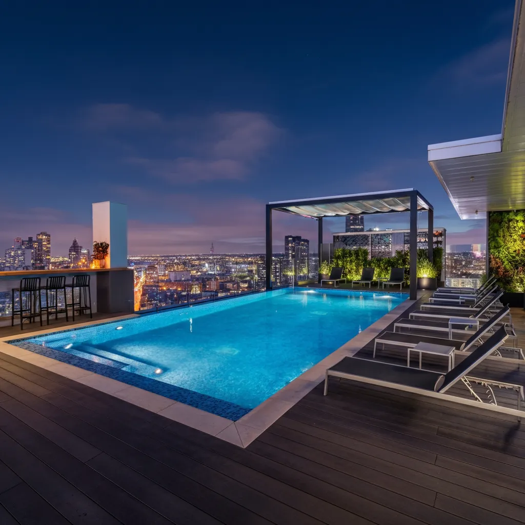 24+ Dreamy Pool Ideas That Blend Style, Comfort, and Luxury 25 Rooftop Pool with City Views