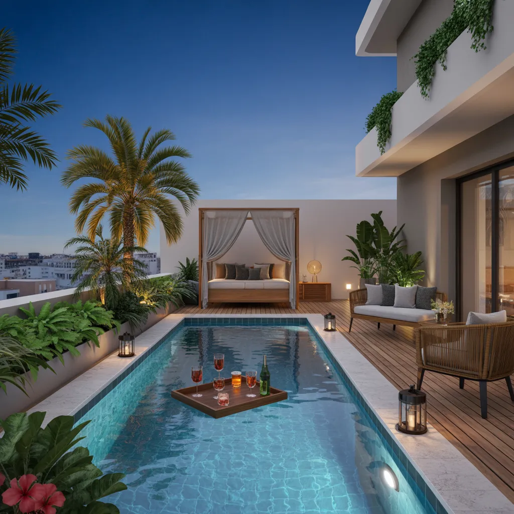 Rooftop Poolside Terrace with Canopy Bed