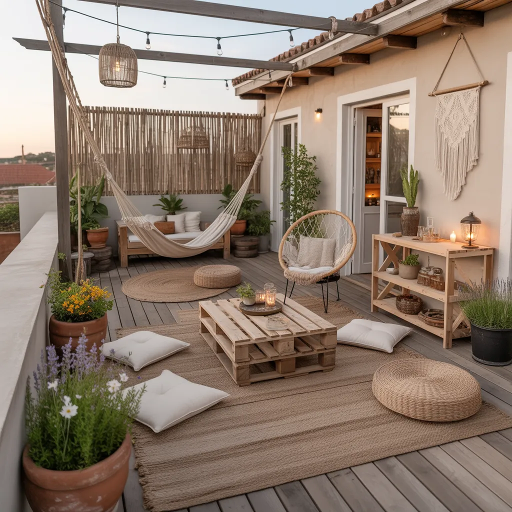 Rustic Boho Terrace with Hanging Hammock