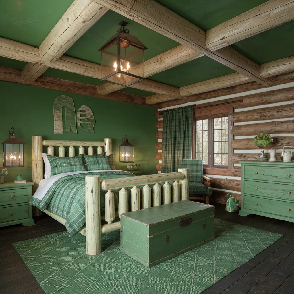 Rustic Green Cabin Bedroom