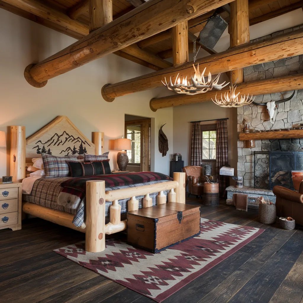 20+ Cozy Western Bedroom Styles That Never Go Out of Trend 17 Rustic Western Master Bedroom with Log Cabin Style
