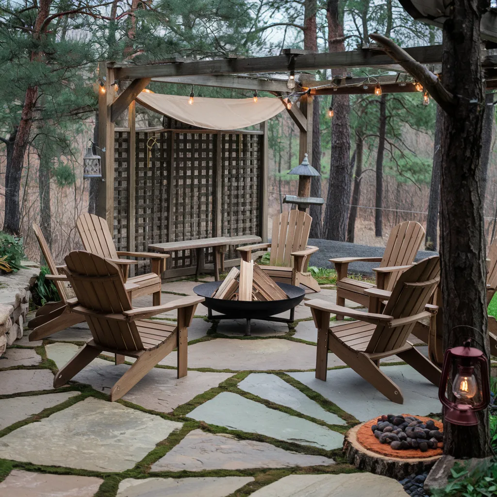 31+ Unique Patio Ideas That Will Make You Never Want to Go Inside 5 Rustic Woodland Patio with Fire Pit and Adirondack Seating