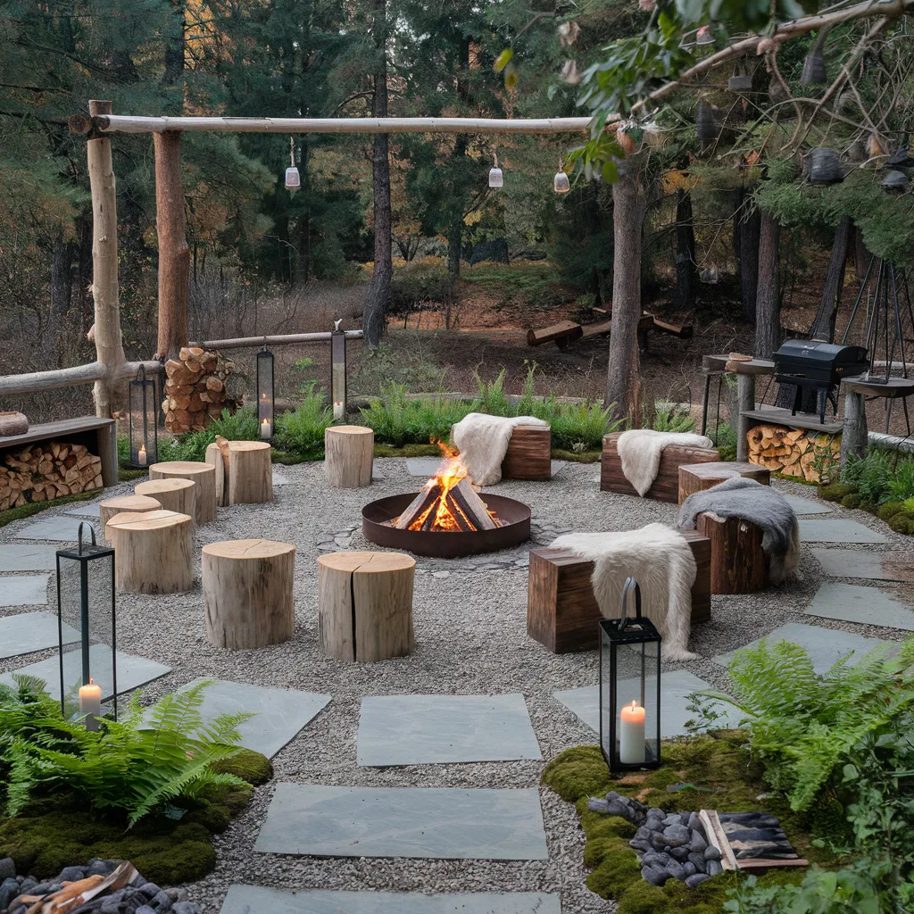 31+ Unique Patio Ideas That Will Make You Never Want to Go Inside 13 Scandinavian Fire Circle Patio with Rustic Log Seating
