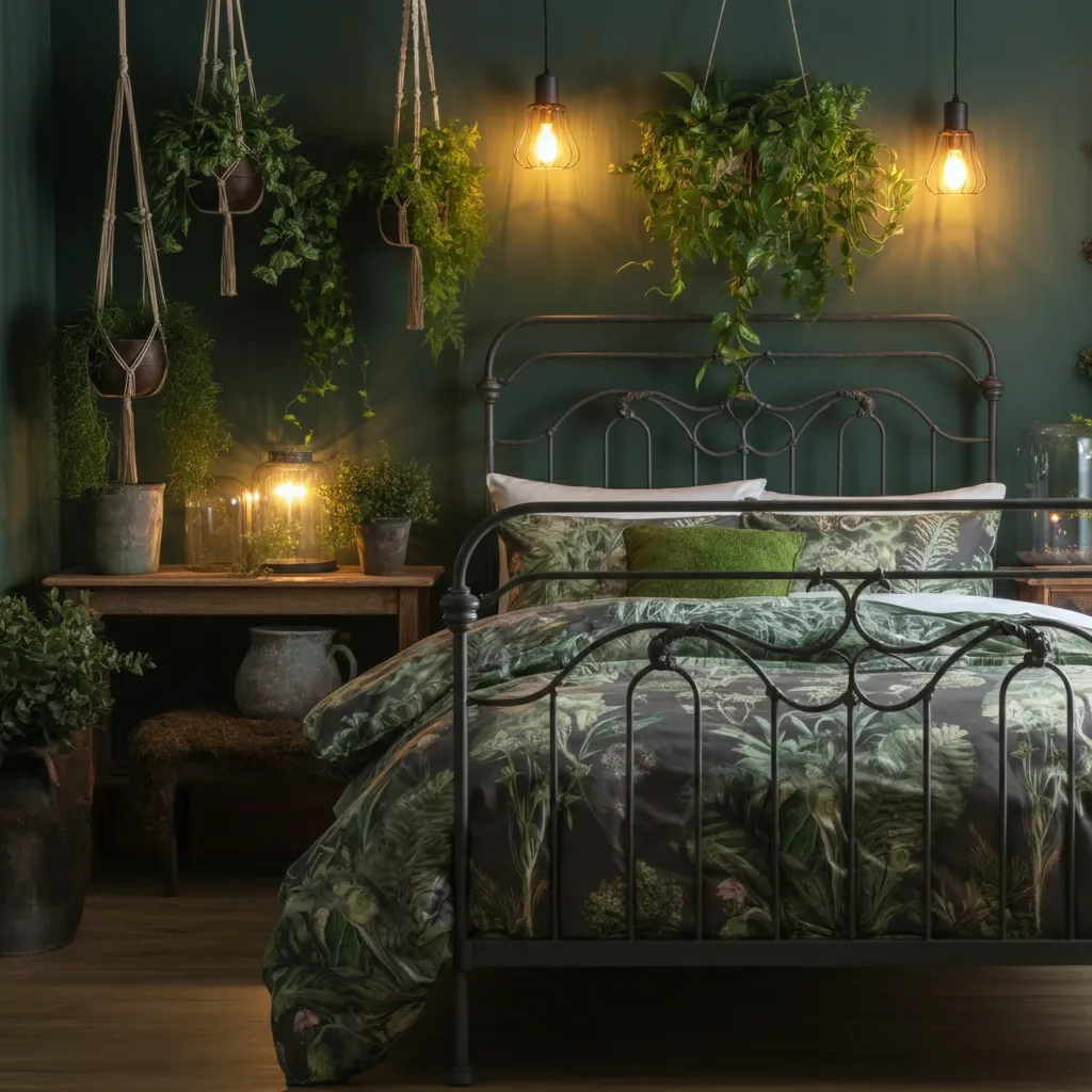 32+ Dark Nature Aesthetic Bedrooms That Feel Like a Peaceful Forest Retreat 36 Shaded Garden Elegance
